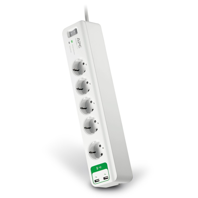 PRELUNGITOR APC, Schuko x 5, conectare prin Schuko (T), USB x 2, cablu 2 m, 10 A, protectie supratensiune, alb, "PM5U-GR" (timbr