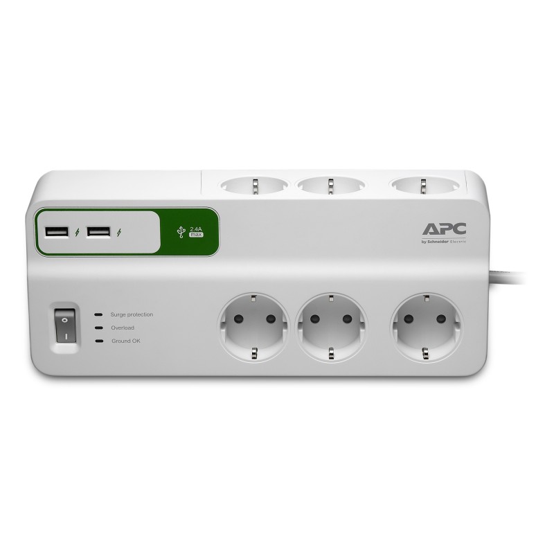 PRELUNGITOR APC, Schuko x 6, conectare prin Schuko (T), USB x 2, cablu 2 m, 10 A, protectie supratensiune, alb, "PM6U-GR" (timbr