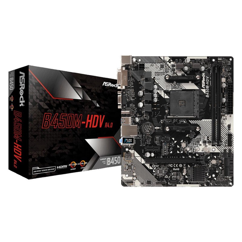Placa de baza ASROCK AMD B450M-HDV R4.0, B450M-HDV R4.0, 2 DIMMs, Supports DDR4 3200+, 1 PCIe 3.0 x16, 1 PCIe 2.0 x1, 6 USB 3.1 