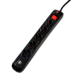 PRELUNGITOR SPACER, Schuko x 5, conectare prin Schuko (T), USB x 2, cablu 3 m, 16 A, max. 3500W, protectie supratensiune, negru,
