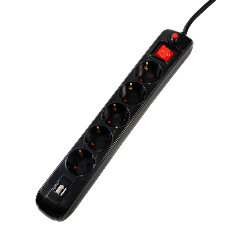 PRELUNGITOR SPACER, Schuko x 5, conectare prin Schuko (T), USB x 2, cablu 3 m, 16 A, max. 3500W, protectie supratensiune, negru,