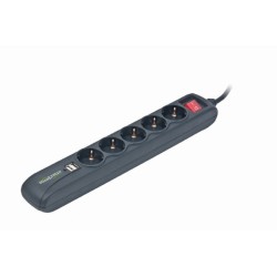 PRELUNGITOR GEMBIRD, Schuko x 5, conectare prin Schuko (T), USB x 2, cablu 1.5 m, 16 A, protectie copii, negru, "SPG5-U2-5" (tim