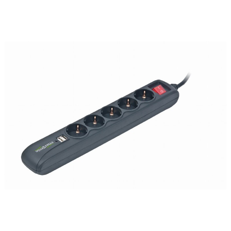PRELUNGITOR GEMBIRD, Schuko x 5, conectare prin Schuko (T), USB x 2, cablu 1.5 m, 16 A, protectie copii, negru, "SPG5-U2-5" (tim