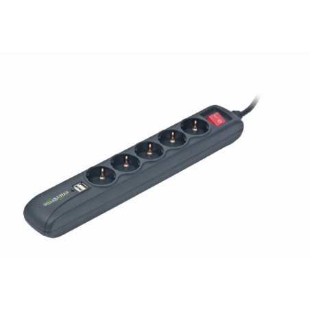 PRELUNGITOR GEMBIRD, Schuko x 5, conectare prin Schuko (T), USB x 2, cablu 1.5 m, 16 A, protectie copii, negru, "SPG5-U2-5" (tim