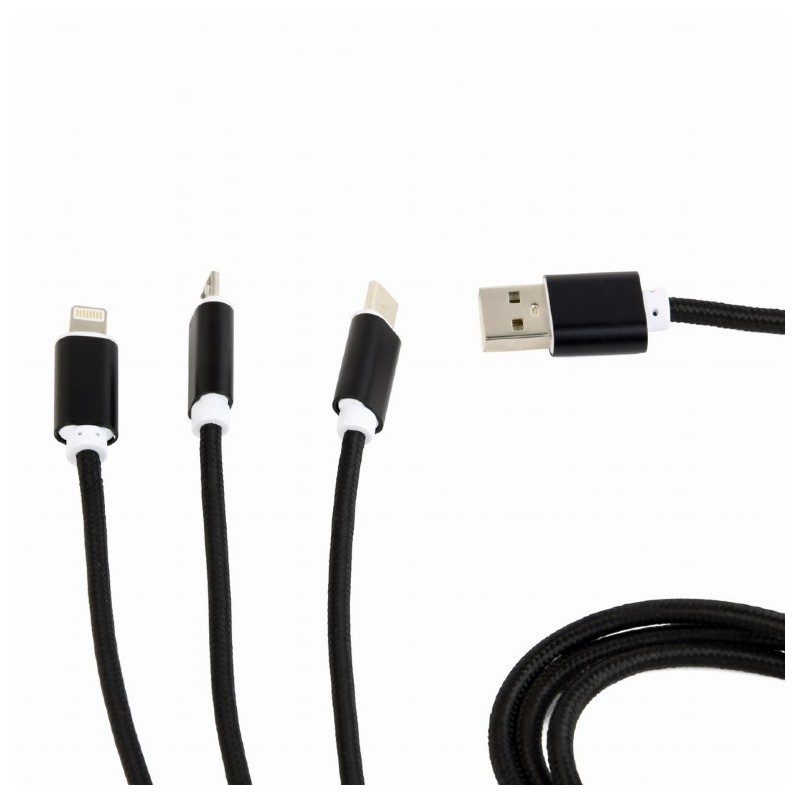 CABLU alimentare si date GEMBIRD, USB 2.0(T) la Lightning(T)+Micro-USB 2.0(T)+USB 2.0 Type-C(T),1m,impletit,incarcare simultana 
