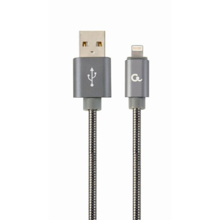 CABLU alimentare si date GEMBIRD, pt. smartphone,USB 2.0 (T) la Lightning (T), 2m, premium,cablu cu impletire din bumbac,gri-met