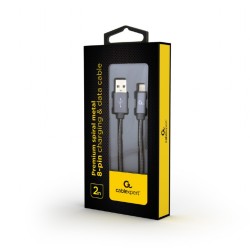CABLU alimentare si date GEMBIRD, pt. smartphone,USB 2.0 (T) la Lightning (T), 2m, premium,cablu cu impletire din bumbac,gri-met