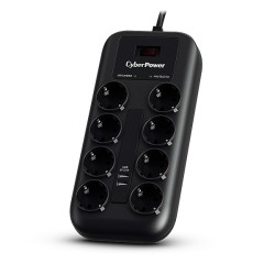 PRELUNGITOR CYBER POWER, Schuko x 8, conectare prin Schuko (T), USB x 2, cablu 1.8 m, 10 A, protectie supratensiune, negru, "P08