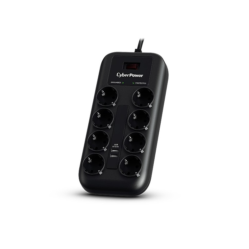 PRELUNGITOR CYBER POWER, Schuko x 8, conectare prin Schuko (T), USB x 2, cablu 1.8 m, 10 A, protectie supratensiune, negru, "P08