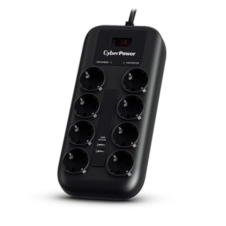 PRELUNGITOR CYBER POWER, Schuko x 8, conectare prin Schuko (T), USB x 2, cablu 1.8 m, 10 A, protectie supratensiune, negru, "P08