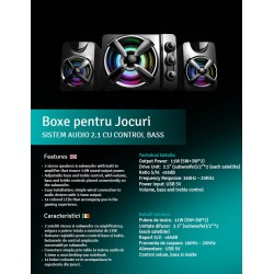 BOXE SPACER Gaming 2.1, RMS: 11W (2 x 3W + 5W), control volum, bass si inalte, subwoofer lemn MDF, 3 x LED, USB power, black, "S