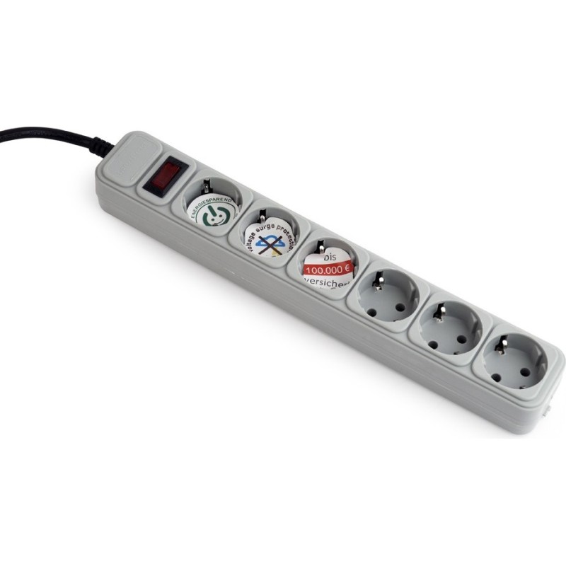 PRELUNGITOR GEMBIRD, Schuko x 6, conectare prin Schuko (T), cablu 1.8 m, 16 A, protectie supratensiune, protectie copii, gri, "S