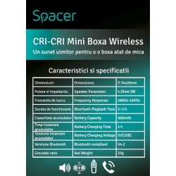 BOXA SPACER portabila bluetooth, Cri-Cri-BK, RMS:  3W, control volum, acumulator 300mAh, timp de functionare pana la 2 ore, dist