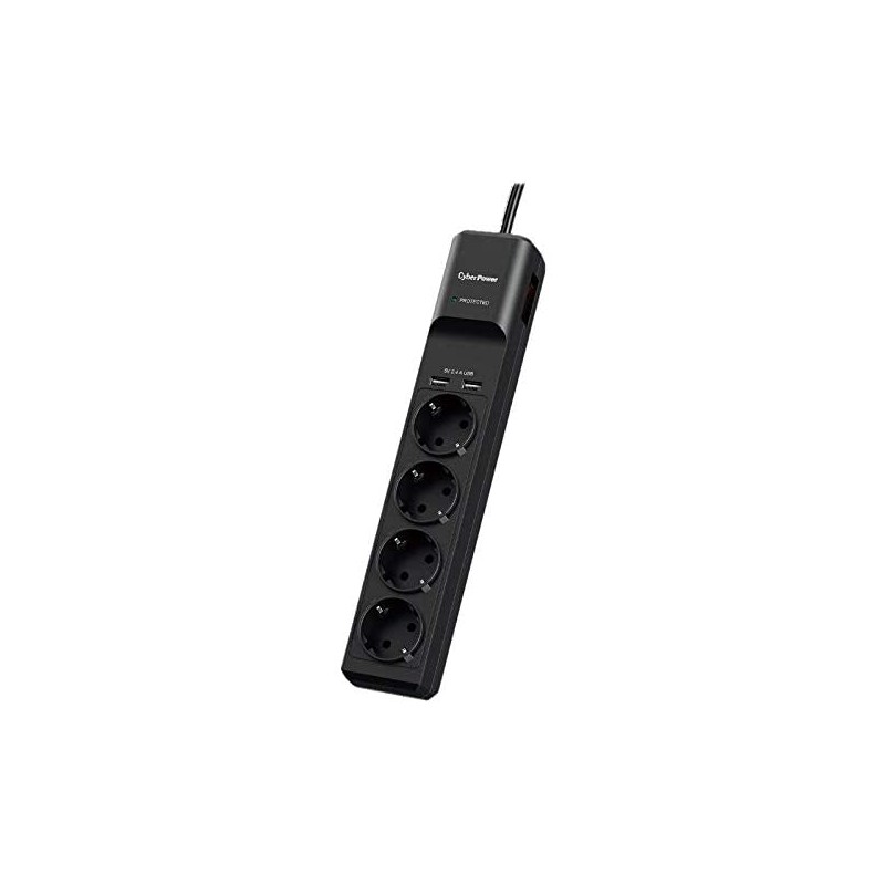 PRELUNGITOR CYBER POWER, Schuko x 4, conectare prin Schuko (T), USB x 2, cablu 1.8 m, 10 A, protectie supratensiune, negru, "P04