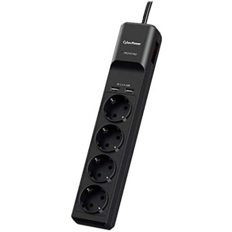 PRELUNGITOR CYBER POWER, Schuko x 4, conectare prin Schuko (T), USB x 2, cablu 1.8 m, 10 A, protectie supratensiune, negru, "P04