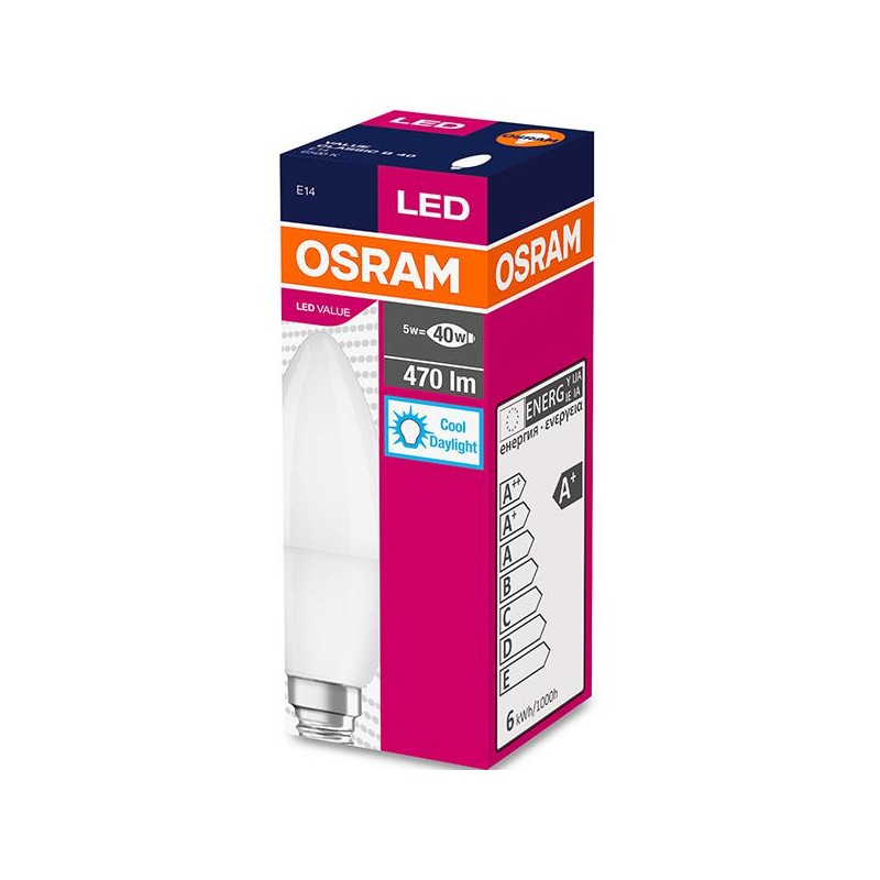 BEC LED Osram, soclu E14, putere 5.5W, forma lumanare, lumina alb rece, alimentare 220 - 240 V, "000004052899971066" (timbru ver