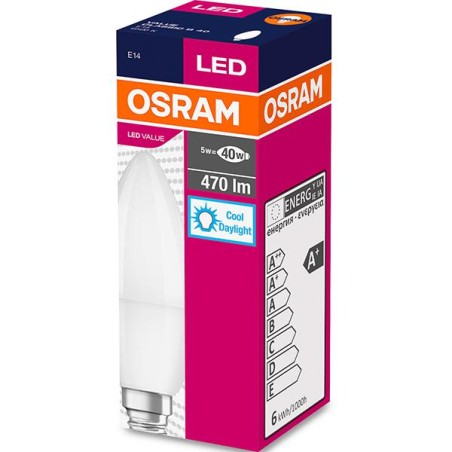 BEC LED Osram, soclu E14, putere 5.5W, forma lumanare, lumina alb rece, alimentare 220 - 240 V, "000004052899971066" (timbru ver