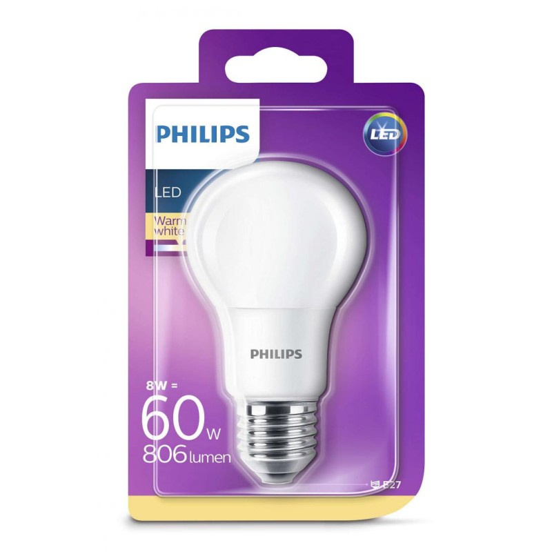 BEC LED Philips, soclu E27, putere 8W, forma clasic, lumina alb calda, alimentare 220 - 240 V, "000008718696577073" (timbru verd