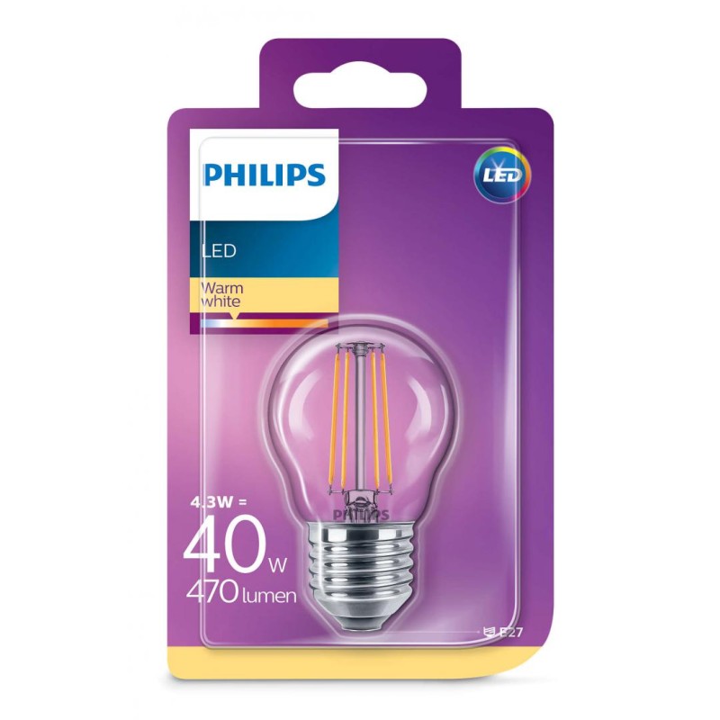 BEC LED Philips, soclu E27, putere 4.3W, forma clasic, lumina alb calda, alimentare 220 - 240 V, "000008718696587331" (timbru ve