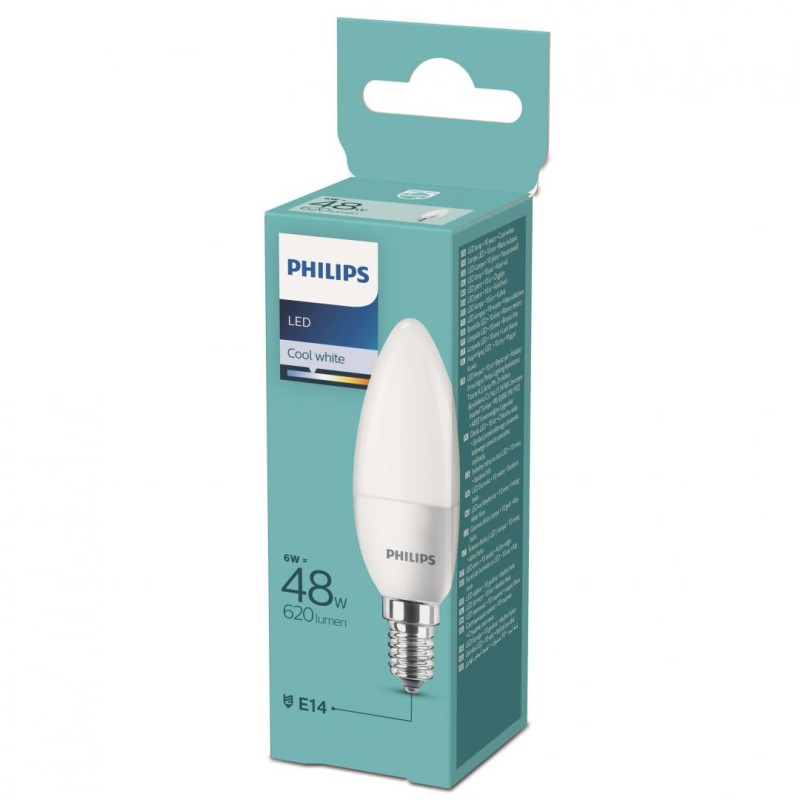 BEC LED Philips, soclu E14, putere 6W, forma lumanare, lumina alb rece, alimentare 220 - 240 V, "000008718699632458" (timbru ver