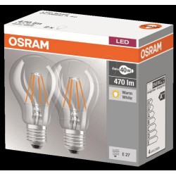 SET 2 becuri LED Osram, soclu E27, putere 4W, forma clasic, lumina alb calda, alimentare 220 - 240 V, "000004052899972001" (timb