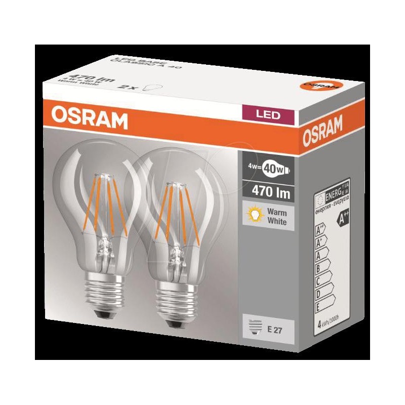 SET 2 becuri LED Osram, soclu E27, putere 4W, forma clasic, lumina alb calda, alimentare 220 - 240 V, "000004052899972001" (timb