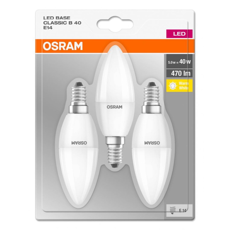 SET 3 becuri LED Osram, soclu E14, putere 5W, forma lumanare, lumina alb calda, alimentare 220 - 240 V, "000004052899972490" (ti