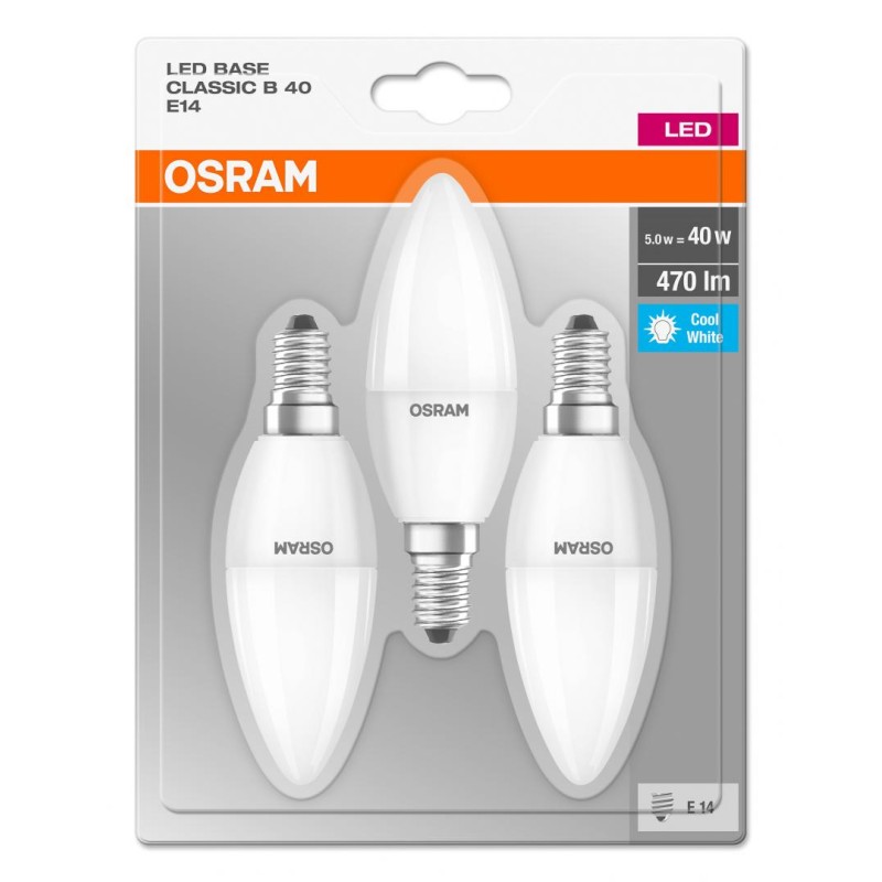 SET 3 becuri LED Osram, soclu E14, putere 5W, forma lumanare, lumina alb, alimentare 220 - 240 V, "000004052899972674" (timbru v