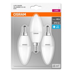 SET 3 becuri LED Osram, soclu E14, putere 5W, forma lumanare, lumina alb, alimentare 220 - 240 V, "000004052899972674" (timbru v