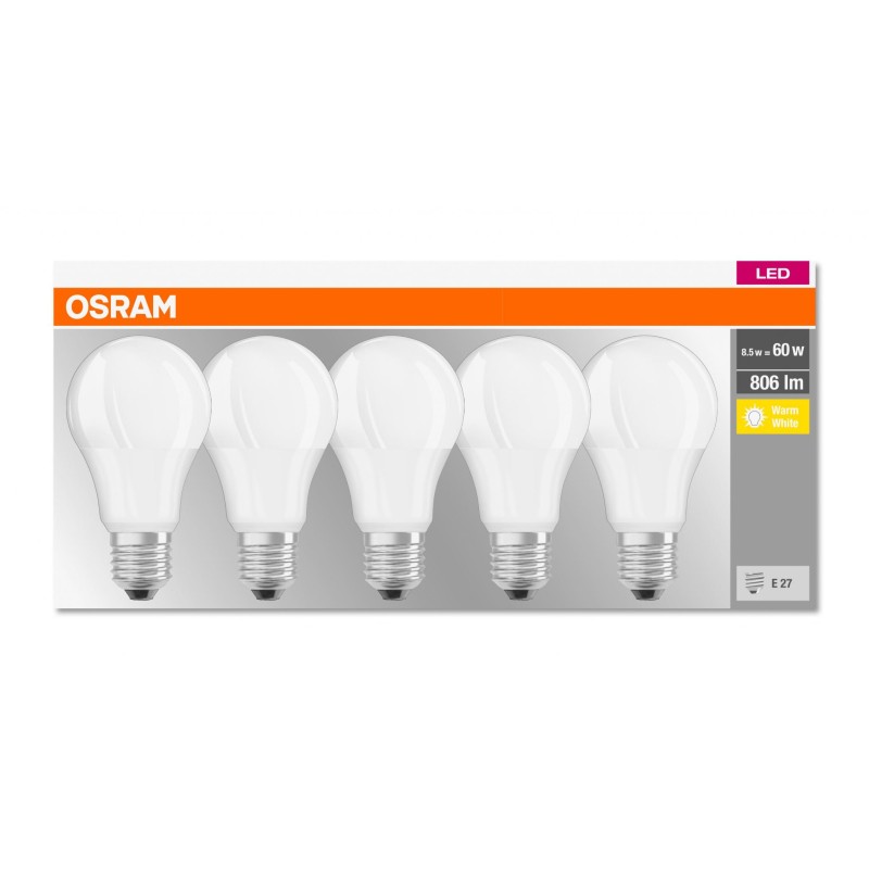 SET 5 becuri LED Osram, soclu E27, putere 9W, forma clasic, lumina alb calda, alimentare 220 - 240 V, "000004058075090484" (timb