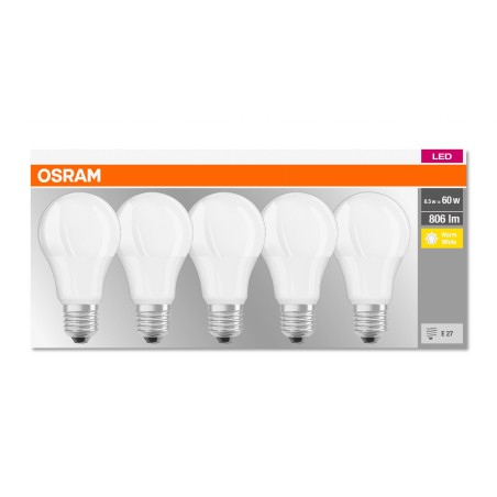 SET 5 becuri LED Osram, soclu E27, putere 9W, forma clasic, lumina alb calda, alimentare 220 - 240 V, "000004058075090484" (timb