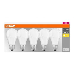 SET 5 becuri LED Osram, soclu E27, putere 9W, forma clasic, lumina alb calda, alimentare 220 - 240 V, "000004058075090484" (timb