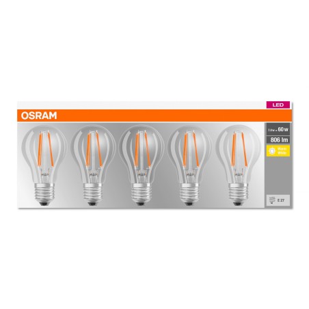 SET 5 becuri LED Osram, soclu E27, putere 7W, forma clasic, lumina alb calda, alimentare 220 - 240 V, "000004058075090569" (timb