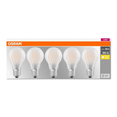 SET 5 becuri LED Osram, soclu E27, putere 7W, forma clasic, lumina alb calda, alimentare 220 - 240 V, "000004058075090620" (timb