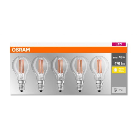 SET 5 becuri LED Osram, soclu E14, putere 4W, forma clasic, lumina alb calda, alimentare 220 - 240 V, "000004058075090668" (timb