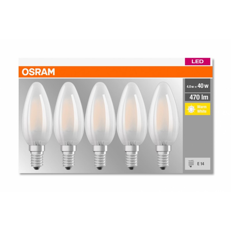 SET 5 becuri LED Osram, soclu E14, putere 4W, forma lumanare, lumina alb calda, alimentare 220 - 240 V, "000004058075090682" (ti