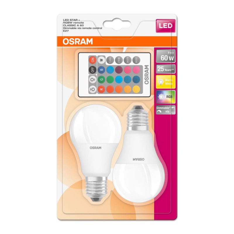 SET 2 becuri LED Osram, soclu E27, putere 9W, forma clasic, lumina multicolora, alimentare 220 - 240 V, "000004058075091733" (ti