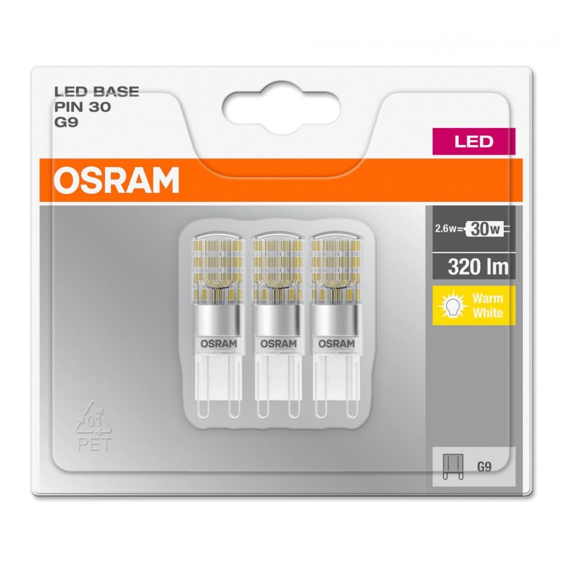 SET 3 becuri LED Osram, soclu G9, putere 2.6W, forma plat, lumina alb calda, alimentare 220 - 240 V, "000004058075093812" (timbr