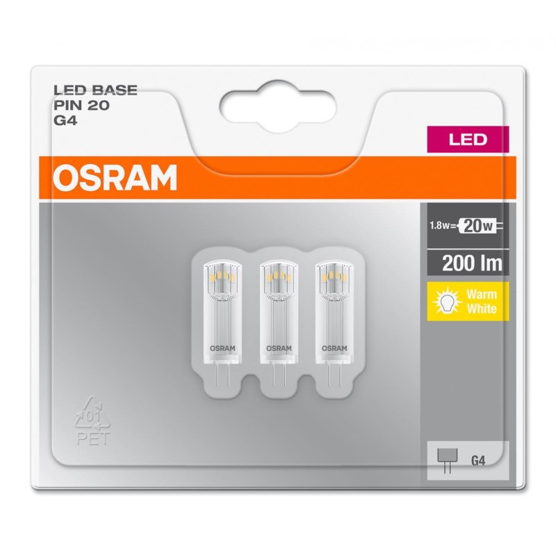 SET 3 becuri LED Osram, soclu G4, putere 1.8W, forma plat, lumina alb calda, alimentare 220 - 240 V, "000004058075093935" (timbr