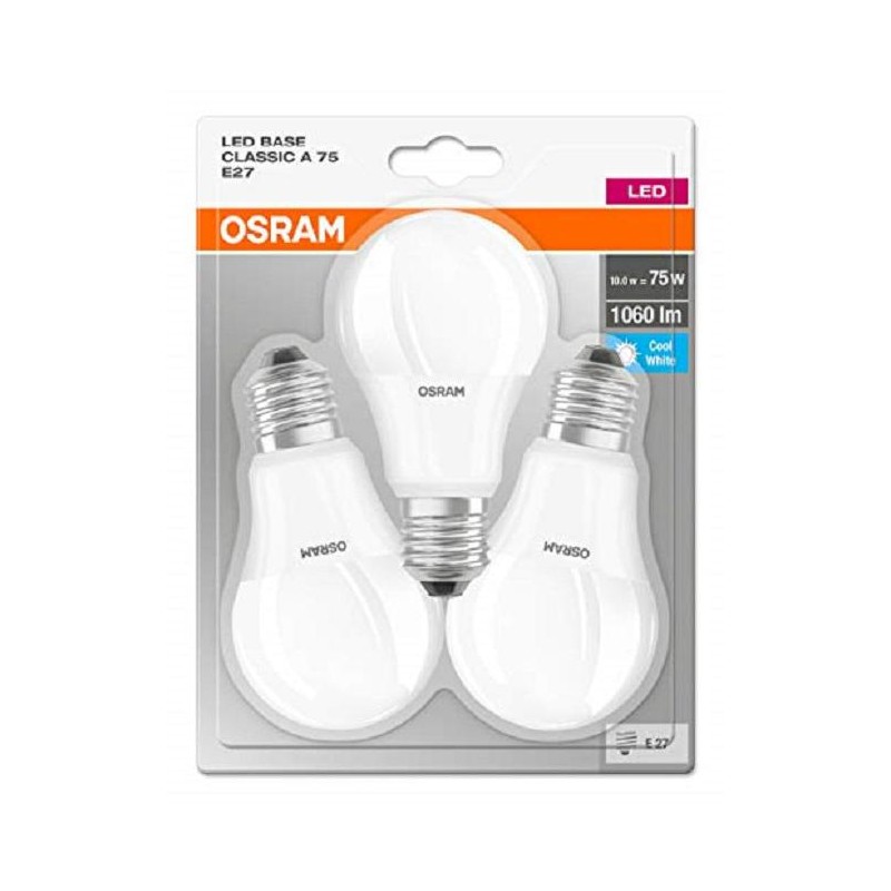 SET 3 becuri LED Osram, soclu E27, putere 10W, forma clasic, lumina alb, alimentare 220 - 240 V, "000004058075127593" (timbru ve