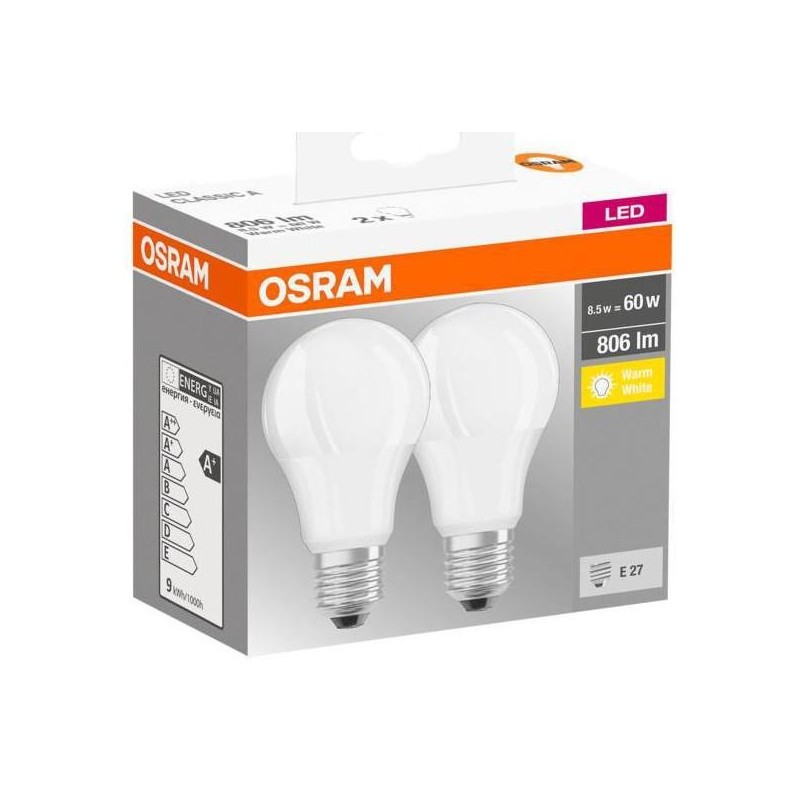 SET 2 becuri LED Osram, soclu E27, putere 8.5W, forma clasic, lumina alb calda, alimentare 220 - 240 V, "000004058075152656" (ti