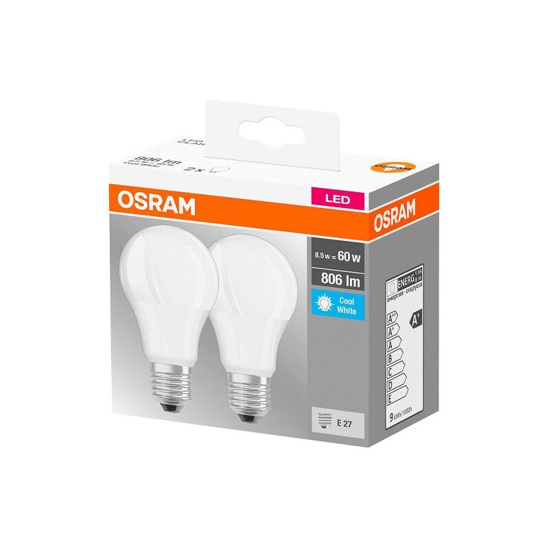 SET 2 becuri LED Osram, soclu E27, putere 8.5W, forma clasic, lumina alb rece, alimentare 220 - 240 V, "000004058075152670" (tim