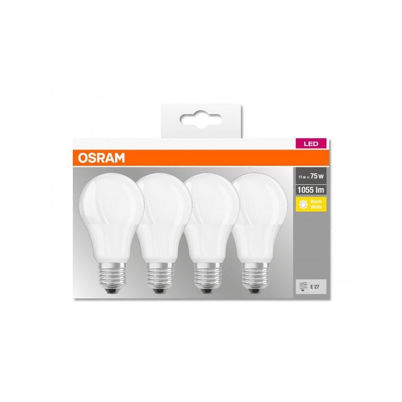 SET 4 becuri LED Osram, soclu E27, putere 11W, forma clasic, lumina alb calda, alimentare 220 - 240 V, "000004058075184992" (tim