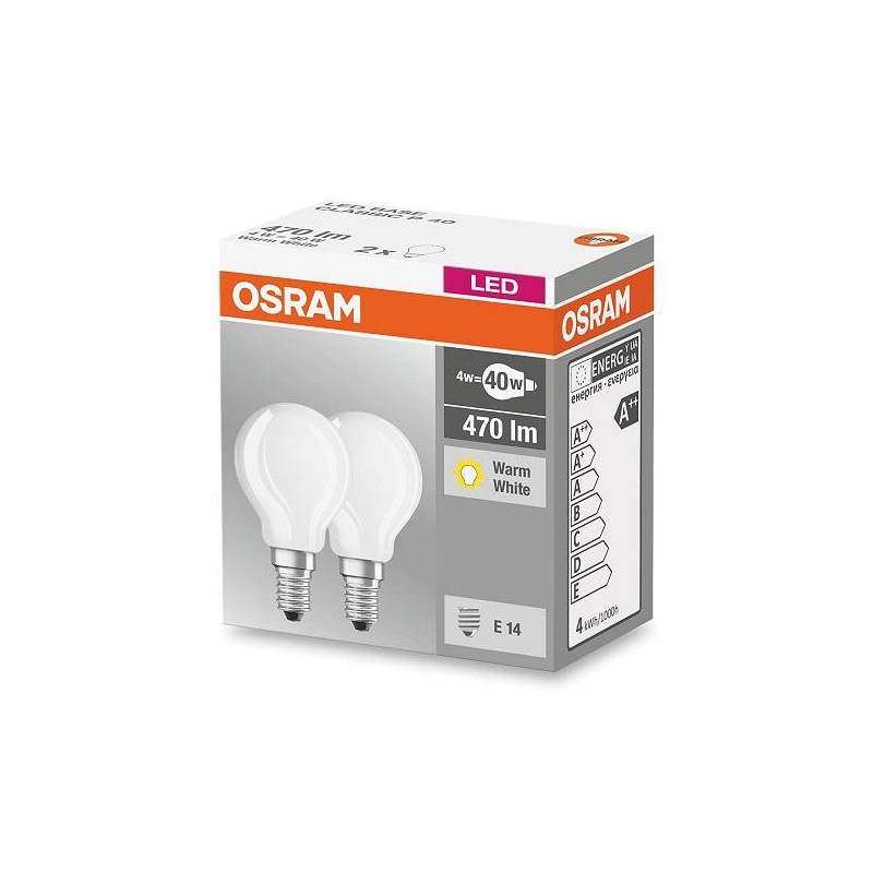 SET 2 becuri LED Osram, soclu E14, putere 4W, forma clasic, lumina alb calda, alimentare 220 - 240 V, "000004058075803978" (timb