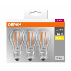 SET 3 becuri LED Osram, soclu E27, putere 7W, forma clasic, lumina alb calda, alimentare 220 - 240 V, "000004058075819290" (timb
