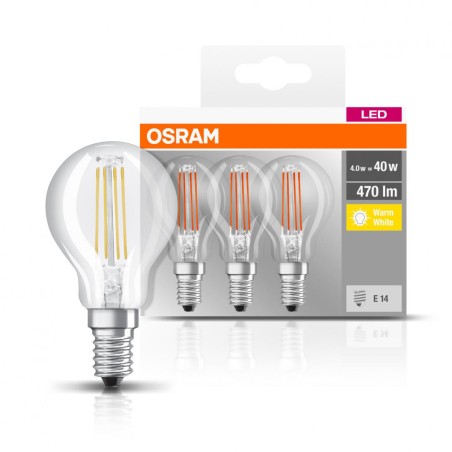 SET 3 becuri LED Osram, soclu E14, putere 4W, forma clasic, lumina alb calda, alimentare 220 - 240 V, "000004058075819337" (timb