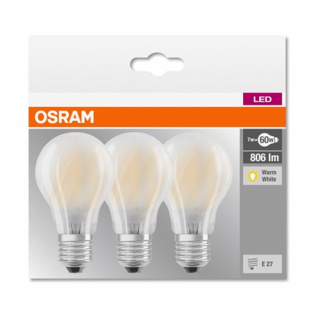 SET 3 becuri LED Osram, soclu E27, putere 7W, forma clasic, lumina alb calda, alimentare 220 - 240 V, "000004058075819351" (timb