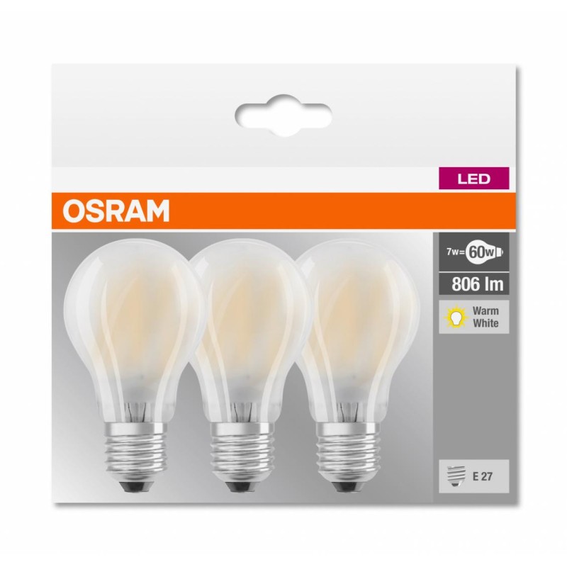 SET 3 becuri LED Osram, soclu E27, putere 7W, forma clasic, lumina alb calda, alimentare 220 - 240 V, "000004058075819351" (timb