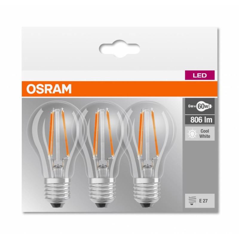 SET 3 becuri LED Osram, soclu E27, putere 6W, forma clasic, lumina alb rece, alimentare 220 - 240 V, "000004058075819535" (timbr