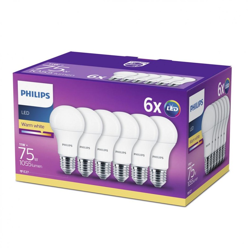 SET 6 becuri LED Philips, soclu E27, putere 11W, forma clasic, lumina alb calda, alimentare 220 - 240 V, "000008718696586297" (t